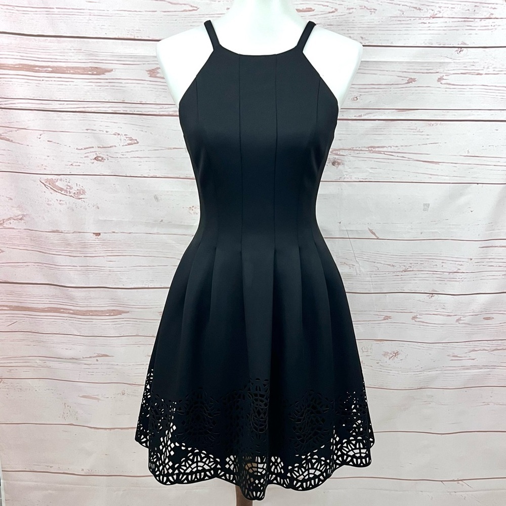Vince Camuto High Neck Laser Cut Scuba Flare Pocket Dress LBD